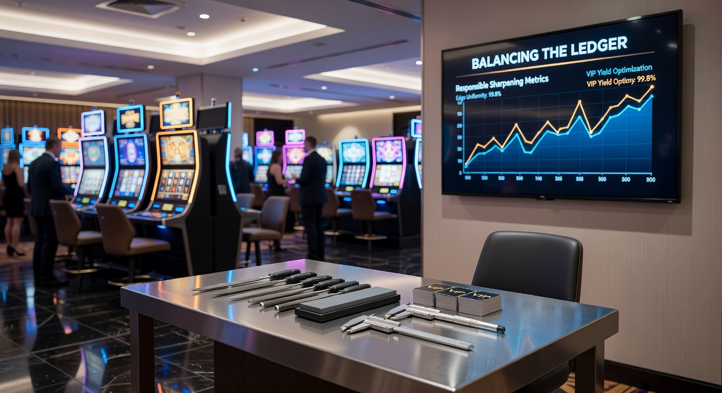 VIP host reviewing a tablet with player data next to a row of premium slot terminals, symbolizing personalized oversight and tech-driven responsibility