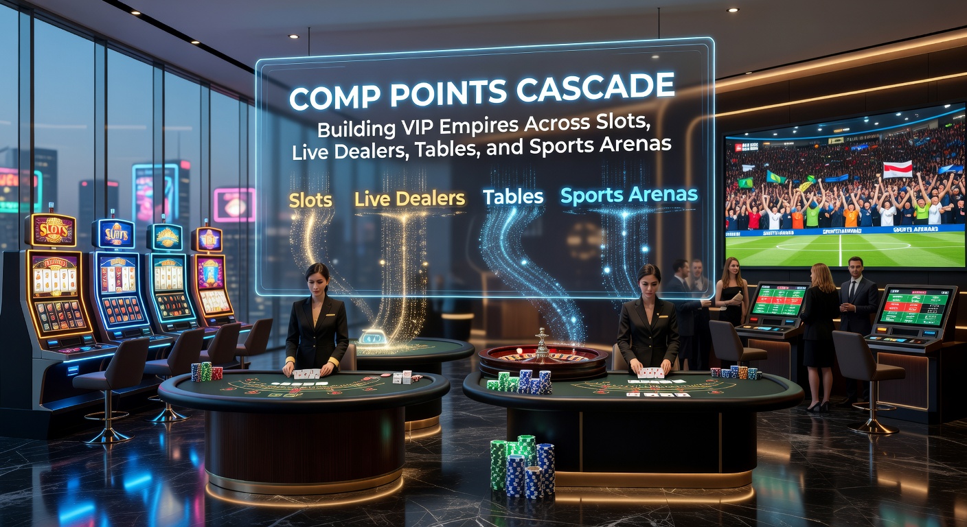 Vibrant illustration of a VIP player navigating a multi-game dashboard with comp points cascading like a waterfall from slot machines to live dealer interfaces, table games, and sports betting odds boards