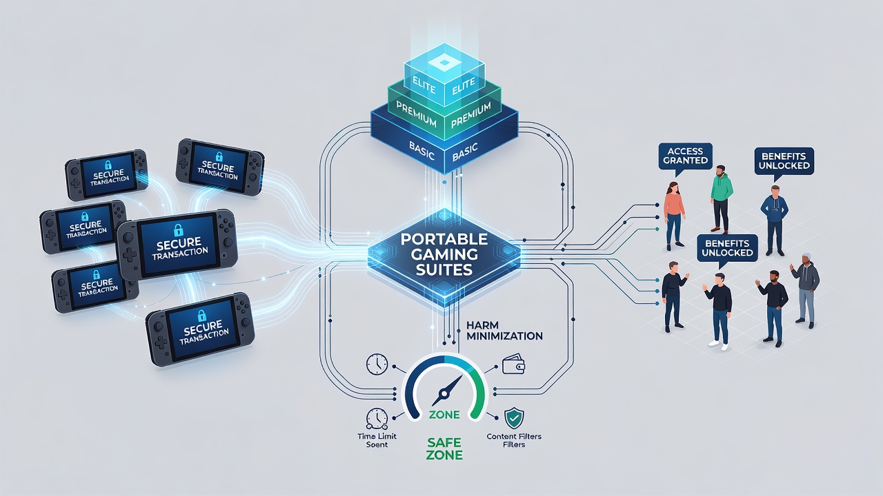 Mobile gaming dashboard illustrating tiered benefit progression alongside real-time harm minimization alerts and transaction security indicators