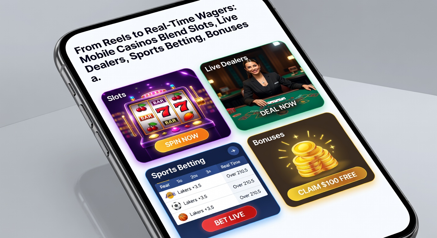 Close-up of a mobile app interface showing live blackjack dealer alongside sports betting slip and slot game thumbnail