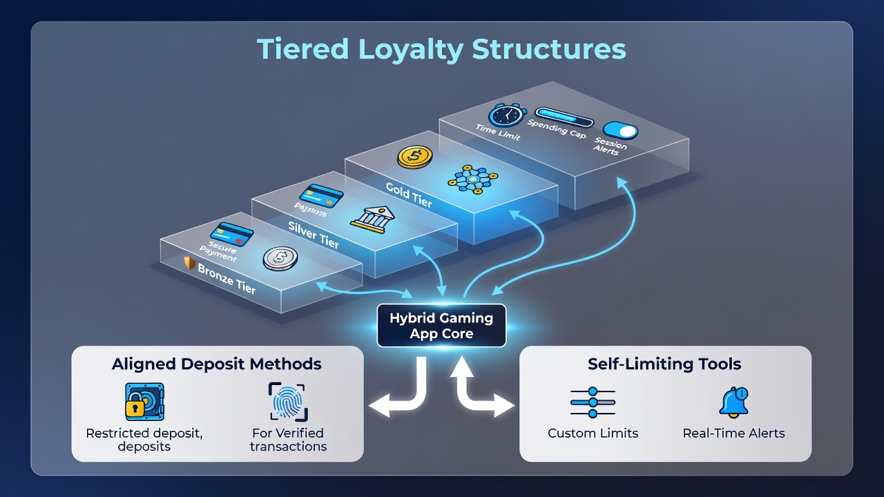 Hybrid gaming app interface displaying loyalty tiers with deposit options and self-limit controls