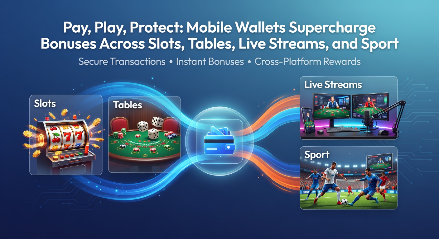 Dynamic graphic showing mobile wallet transactions flowing into casino bonuses for slots, table games, live dealers, and sports betting interfaces with protective shields