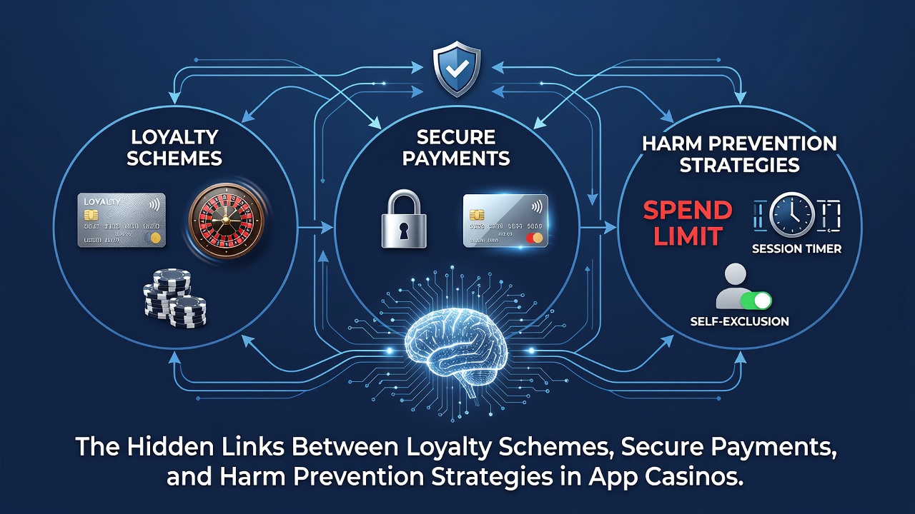 Mobile app screenshot displaying loyalty dashboard alongside payment confirmation and harm prevention pop-up notification