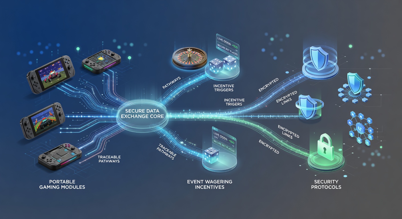 Diagram showing encrypted data flows and security protocols between mobile gaming modules and wagering servers