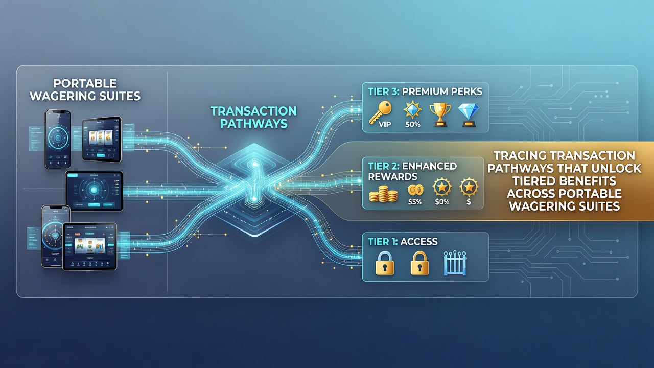 Infographic illustrating tiered loyalty benefits unlocked via tracked transactions in cross-device wagering environments